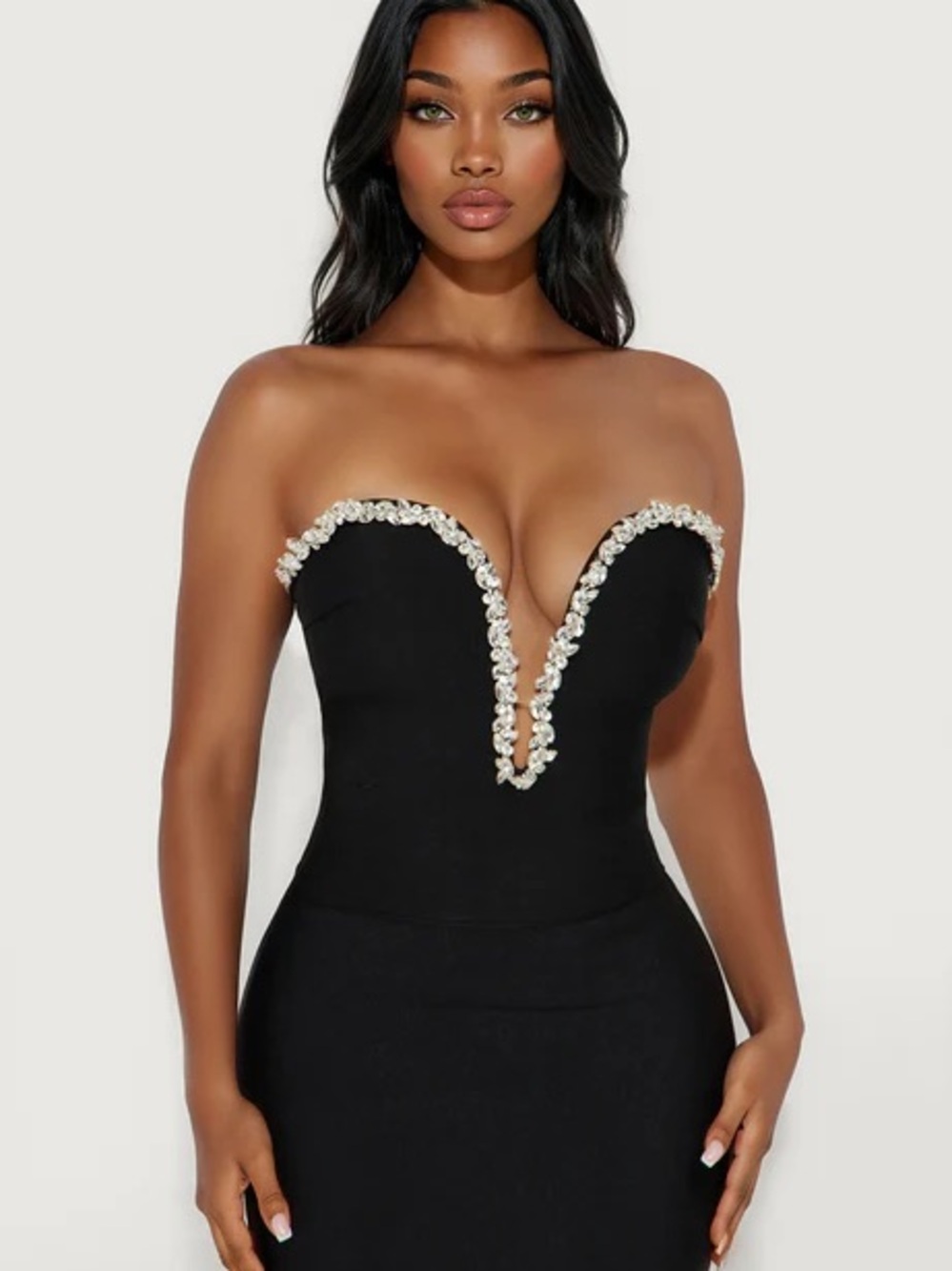 💎NEW! Fashion Nova NOVA LUXE Black Strapless Bustier with Crystal Trim (Small)